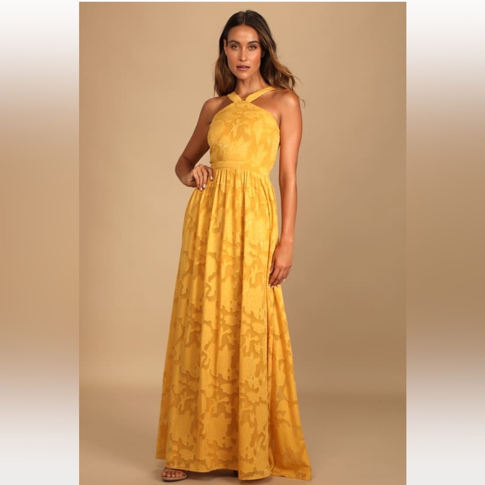 Lulus Love and Beyond Marigold Burnout Floral Maxi Dress size Large